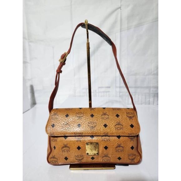 MCM Handbags - MCM Vintage Cognac Visetos Brown Shoulder Bag with Gold Accents